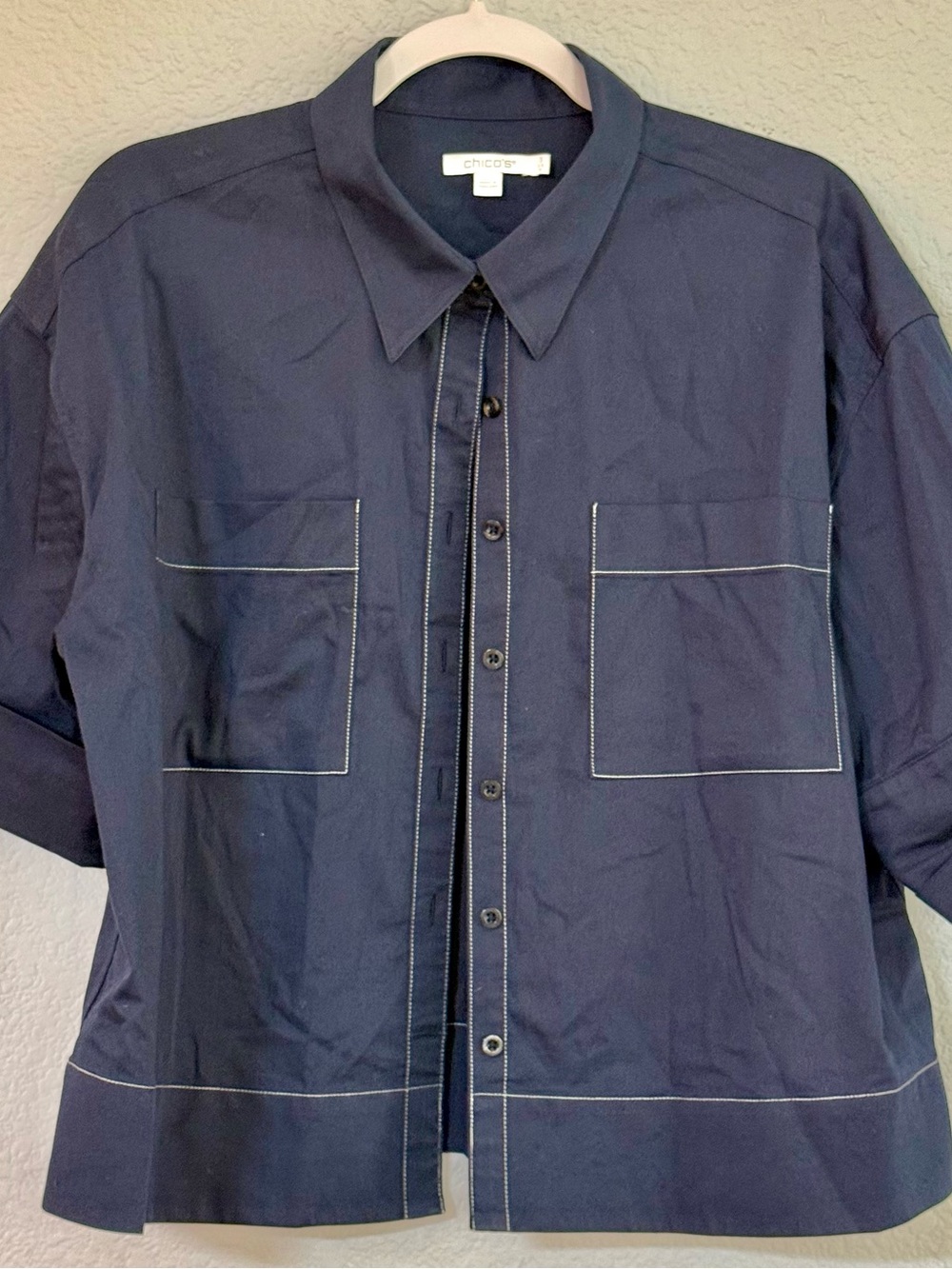 Chico's Navy Short-Sleeve Boxy Shirt Jacket with Contrast Topstitching NWOT